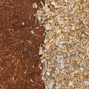 Ground outside wood chips with red chips
