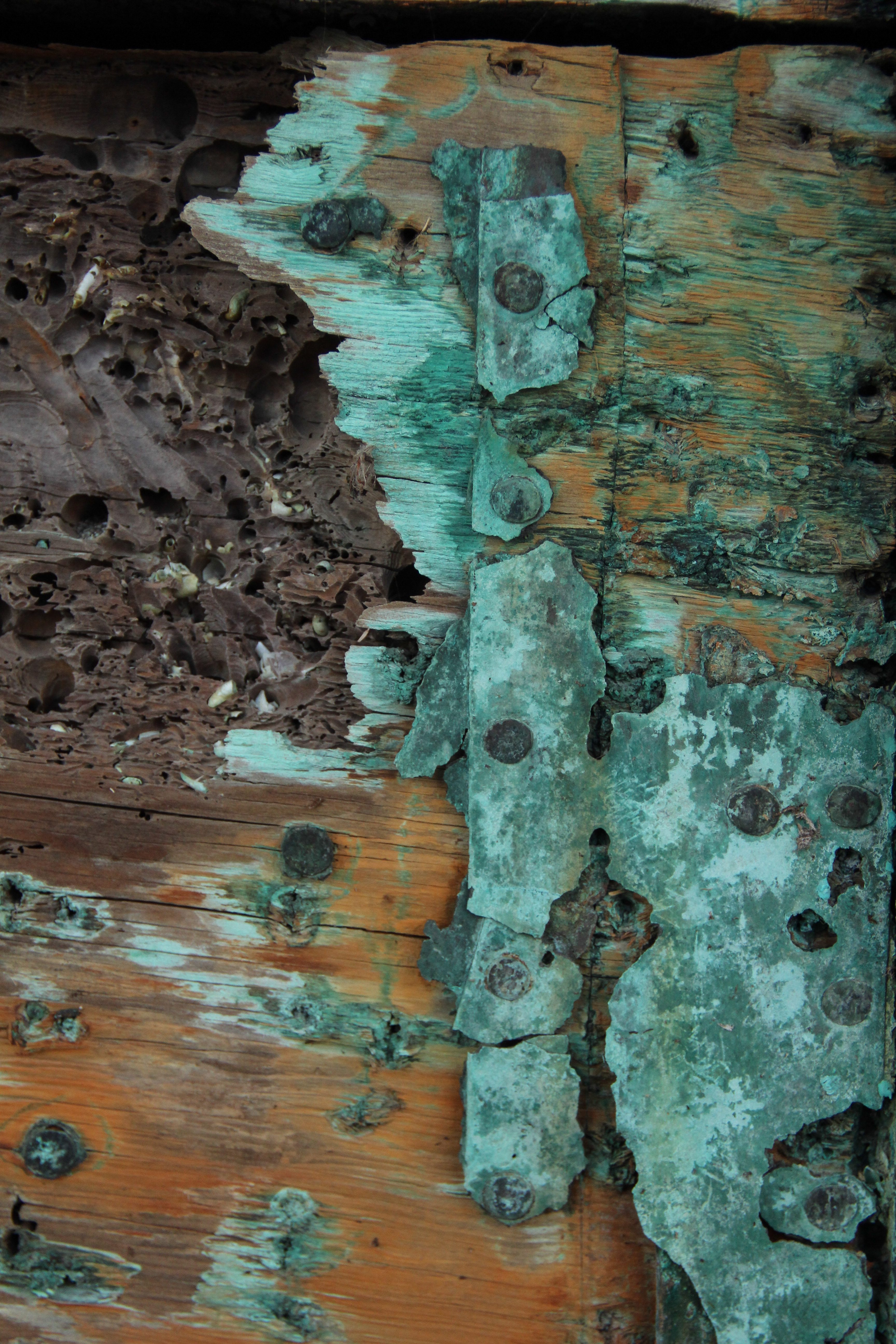 Grunge Texture Oxidized Copper Wood Green Chipped Splinter Stock Photo