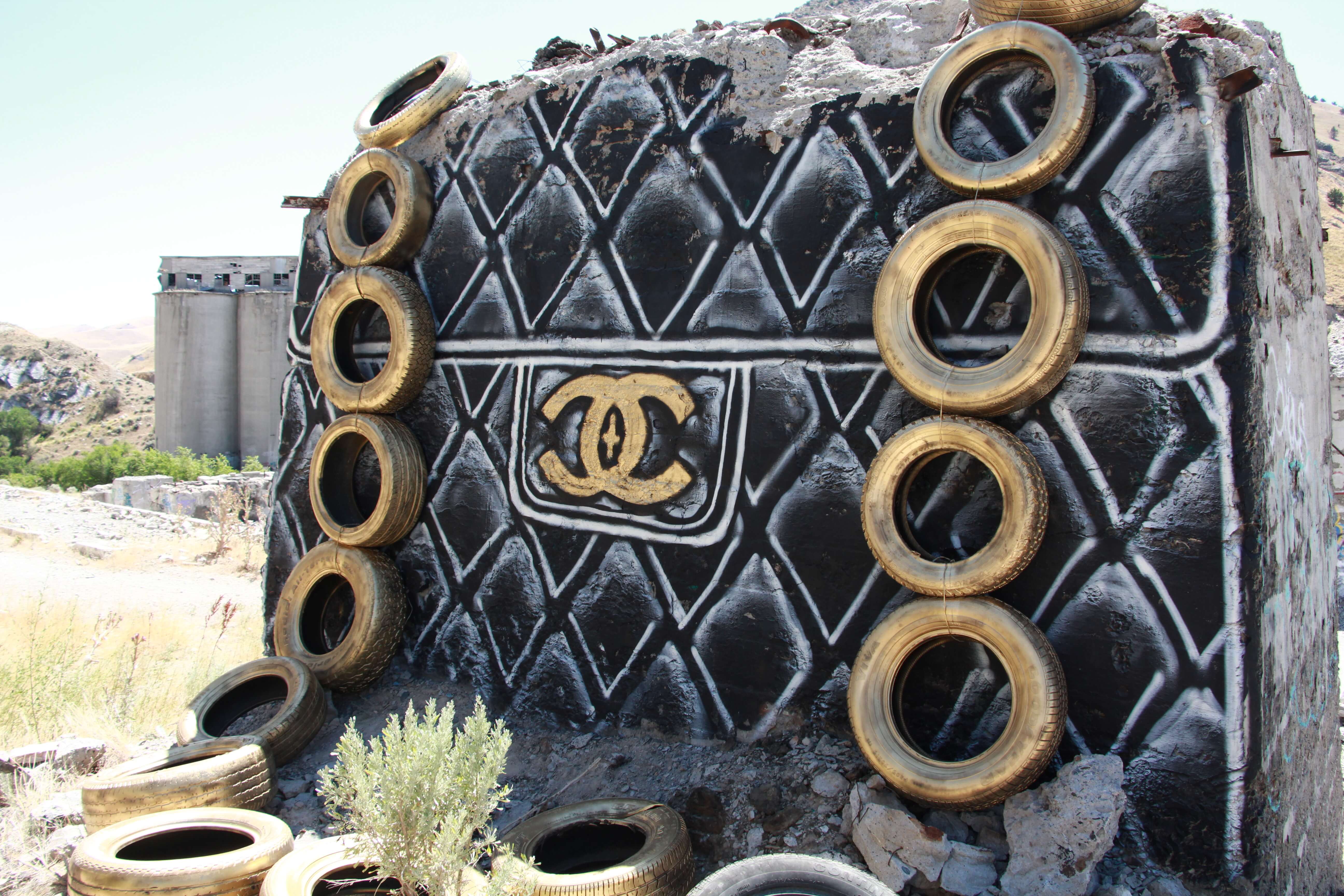 Large Chanel Women Purse Black Spray Paint Graffiti Wall